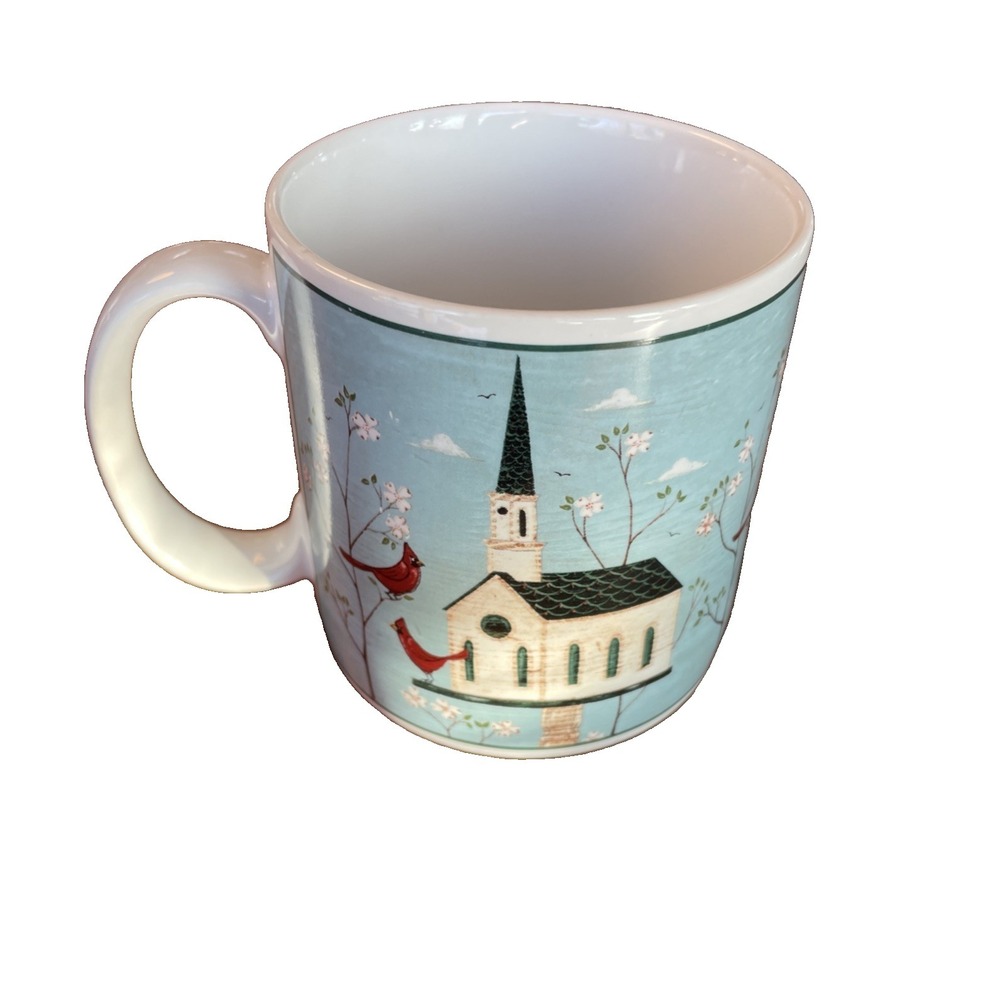 Vtg‎ Warren Kimble Birdhouse Mug White Colonial Church Cardinal Sakura Coffee